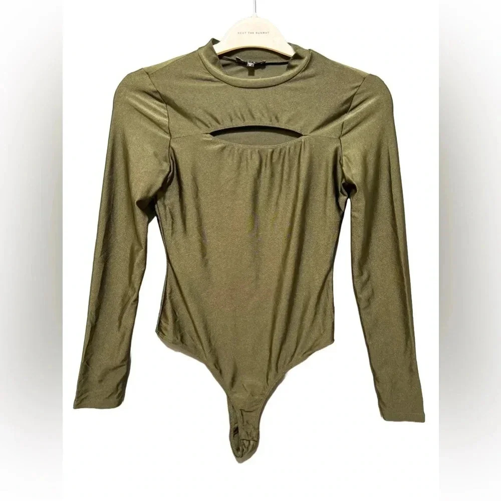 IRIS Metallic Olive Green Long Sleeve Mock Neck Cutout Bodysuit Small